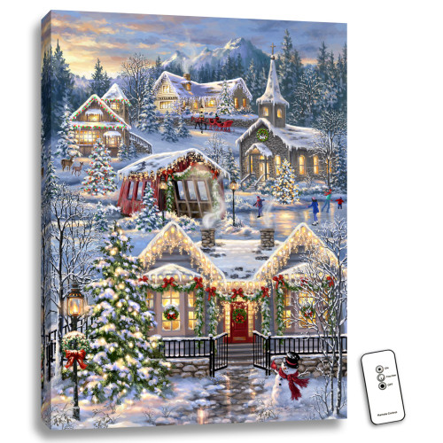 24" x 18" White and Beige Christmas Village Back-lit Wall Art with Remote Control