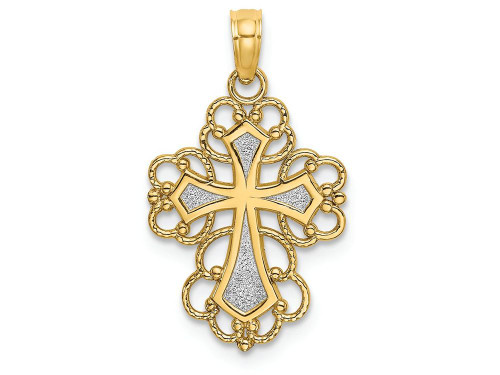 Finejewelers Beaded Lace Trim Cross with Rhodium Center Charm in 14 kt Two Tone Gold