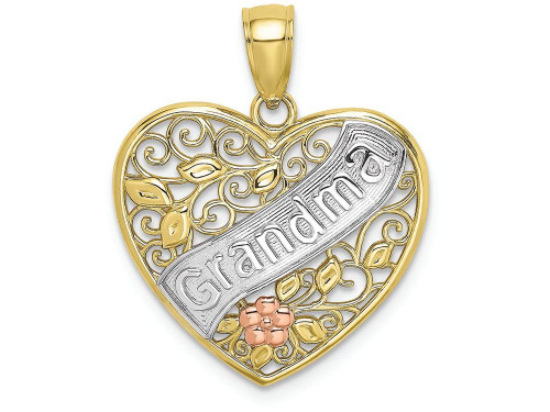 FJC Finejewelers 10k Yellow Gold with with Rhodium Wht Grandma in Filigree Heart with Pink Flowers Tri-color Charm 10K9561W