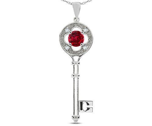 Star K Key to my Heart Clover Key Pendant Necklace with Round Created Ruby in 14 kt White Gold 307750B