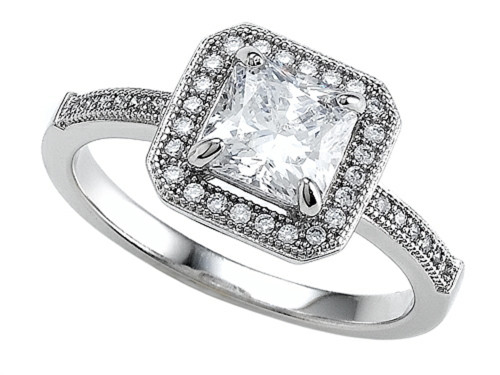 Zoe R Sterling Silver Micro Pave Hand Set Cubic Zirconia CZ Princess Cut Center Engagement Ring BM10123 - BM10123T7