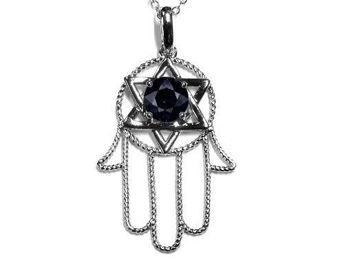 Star K Large Hamsa Hand Jewish Star of David Pendant Necklace Genuine Black Sapphire in 10 kt White Gold 310908AF