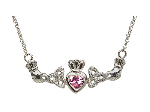 ShanOre Claddagh Trinity Design with 5mm Simulated Pink Tourmaline CZ Heart Pendant Necklace in Sterling Silver MP1TPTT