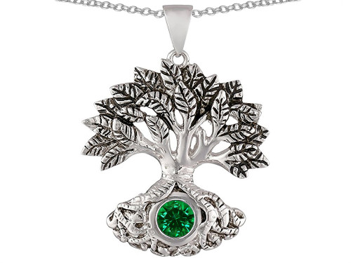 Star K Tree Of Life Good Luck Pendant Necklace with 7mm Round Simulated Emerald in Sterling Silver