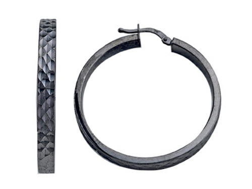 Stellar White Black Rhodium Bright Cut Hoop Earrings in Rhodium Plated Silver SE1061BE