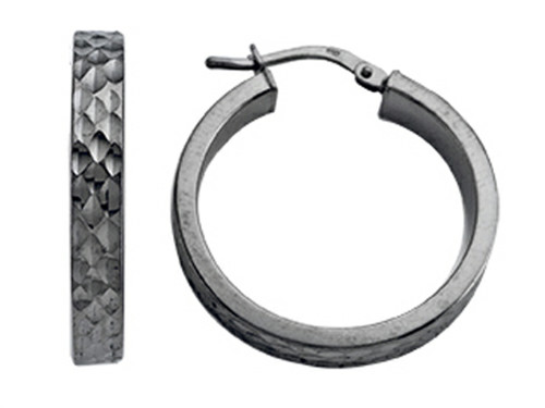 Stellar White Black Rhodium Bright Cut Hoop Earrings in Rhodium Plated Silver SE1057BE