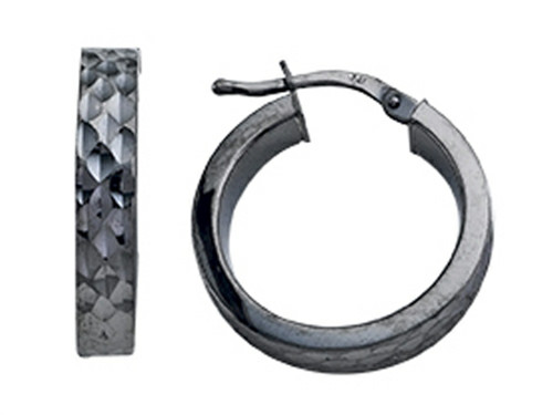 Stellar White Black Rhodium Bright Cut Small Hoop Earrings in Rhodium Plated Silver SE1053BE