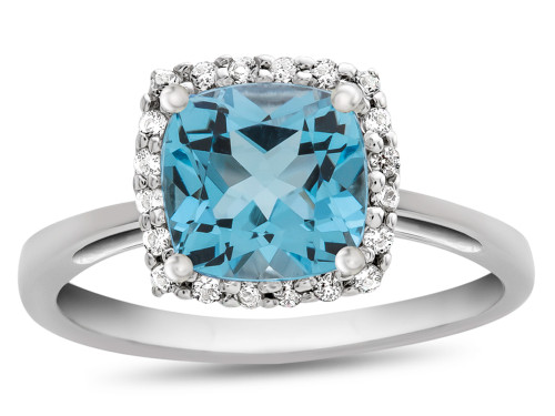 Finejewelers 10k White Gold 6mm Cushion-Cut Swiss Blue Topaz with White Topaz accent stones Halo Ring