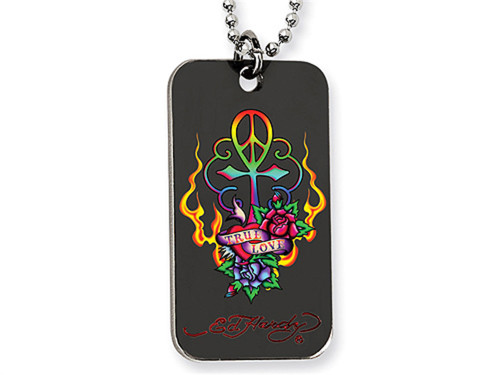 Ed Hardy Love Peace Cross Dog Tag Painted Necklace in Stainless Steel EHF102CDY