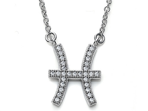 Zoe R Sterling Silver Micro Pave Hand Set Cubic Zirconia CZ Pisces Zodiac Pendant Necklace On 18 Inch Adjustable Chai BM308202T