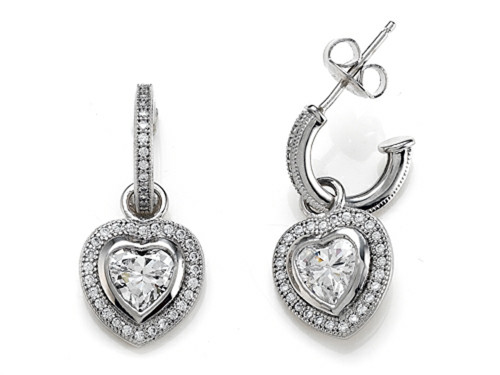 Zoe R Sterling Silver Micro Pave Hand Set Cubic Zirconia CZ One Row Small Hoop Earrings and Heart Shape BM21102T