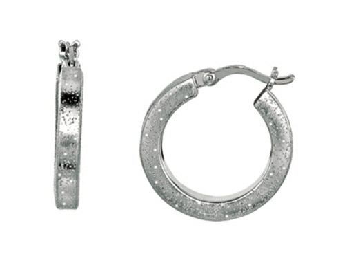 Finejewelers Rhodium Plated Textured Stardust Bright Cut Roud Hoop Earrings in Sterling Silver 460284T