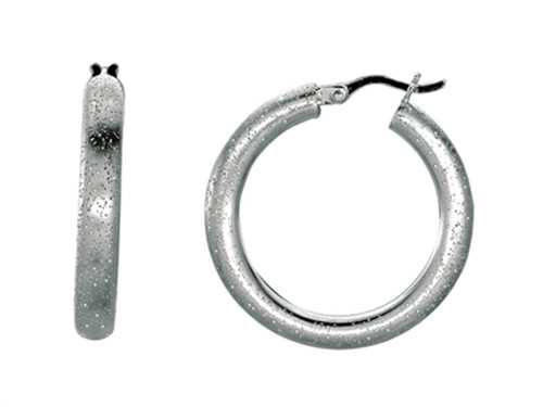Finejewelers Rhodium Plated Textured Stardust Bright Cut Roud Hoop Earrings in Sterling Silver 460283T