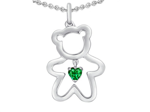 Star K Love Teddy Bear with 4mm Heart Shape Simulated Emerald in Sterling Silver