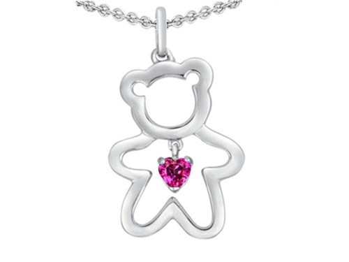 Star K Love Teddy Bear with 4mm Heart Shape Created Pink Sapphire Pendant Necklace in Sterling Silver