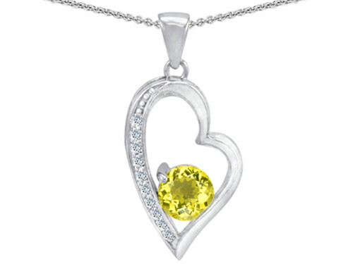 Star K Round Simulated Citrine Heart Pendant Necklace in Sterling Silver