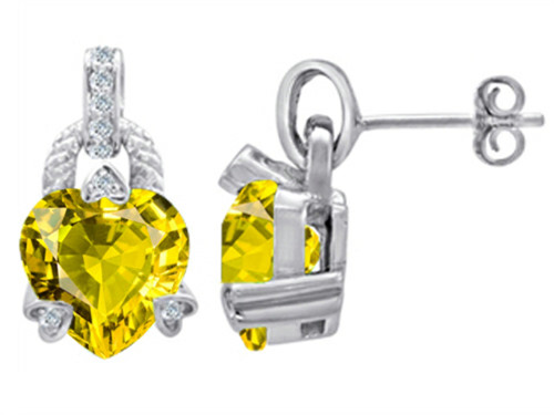 Star K Heart Shape Simulated Citrine Designer Hanging Drop Earrings in Sterling Silver