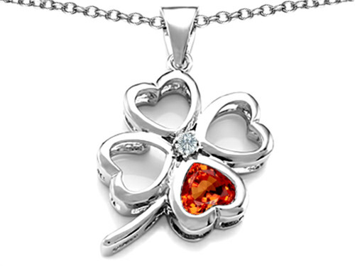 Star K Large 7mm Heart Shape Simulated Orange Mexican Fire Opal Lucky Clover Heart Pendant Necklace in Sterling Silver