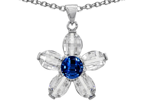 Star K Round Created Sapphire Flower Pendant Necklace in Sterling Silver 309945T