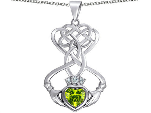 Star K Celtic Knot Claddagh Heart Pendant Necklace with Heart Shape Simulated Peridot and Cubic Zirconia Sterling Silver