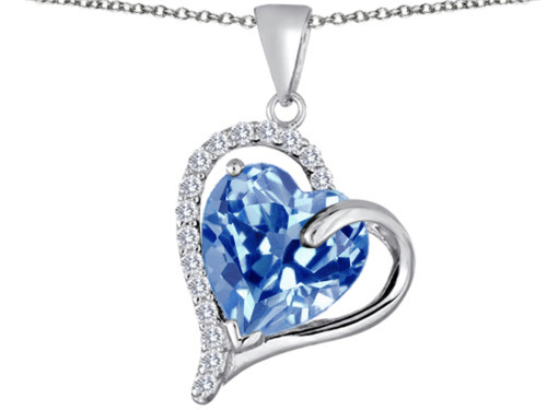 Star K Heart Shape 12mm Simulated Aquamarine Double Heart Love Pendant Necklace in Sterling Silver