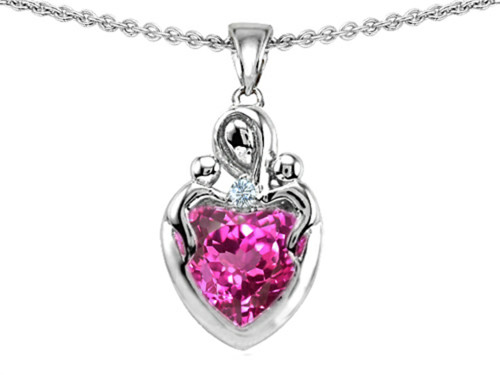 Star K Loving Mother Twin Children Pendant Necklace with 8mm Heart Created Pink Sapphire in Sterling Silver