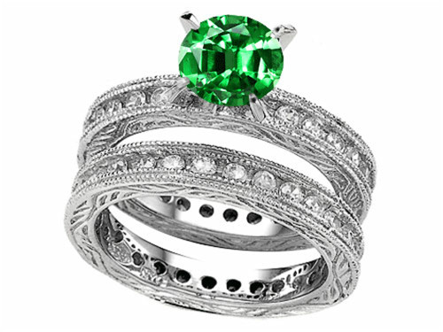 Star K 7mm Round Simulated Emerald Eternity Wedding Set 307897 - 307897T5