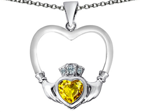 Star K Celtic Claddagh Heart Pendant Necklace with Heart Shape Simulated Citrine in Sterling Silver