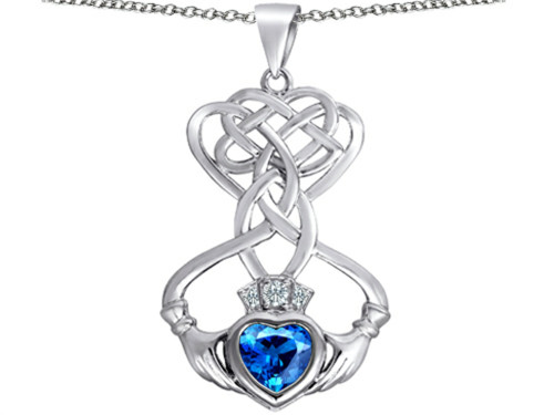 Star K Celtic Knot Claddagh Heart Pendant Necklace with Heart Shape Simulated Blue Topaz in Sterling Silver