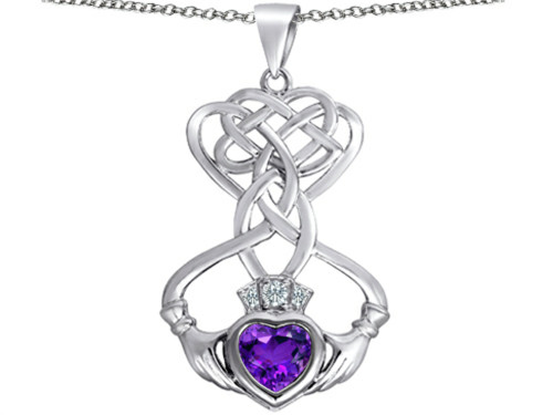 Star K Celtic Knot Claddagh Heart Pendant Necklace with Heart Shape Simulated Amethyst in Sterling Silver