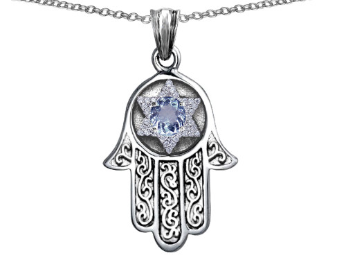 Star K Hamsa Evil Eye Protection Pendant Necklace Round Simulated Aquamarine in Sterling Silver