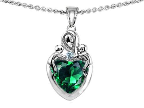 Star K Loving Mother Twin Children Pendant Necklace with 8mm Heart Shape Simulated Emerald in Sterling Silver