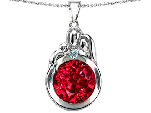 Star K Loving Mother and Father with Child Family Pendant Necklace with Round 10mm Created Ruby in Sterling Silver