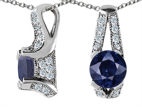 Star K 8 mm Round Created Sapphire Designer Pendant Necklace in Sterling Silver