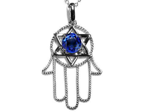Star K Large Hamsa Hand Jewish Star of David Pendant Necklace with Created Sapphire in 10 kt White Gold 310904AF
