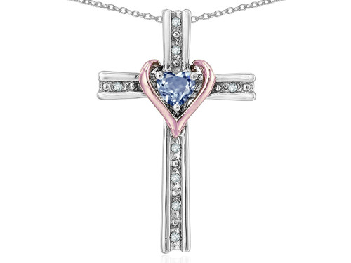 Star K 14k Rose Gold Two Tone Love Cross with Genuine Sky Blue Topaz Heart Stone Pendant Necklace 319203C