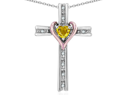Star K 14k Rose Gold Two Tone Love Cross with Genuine Citrine Heart Stone Pendant Necklace 319204C