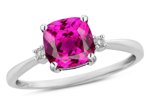 Star K 7mm Cushion-Cut Simulated Pink Tourmaline Classic three 3 stone Engagement Promise Ring - 318695AF6