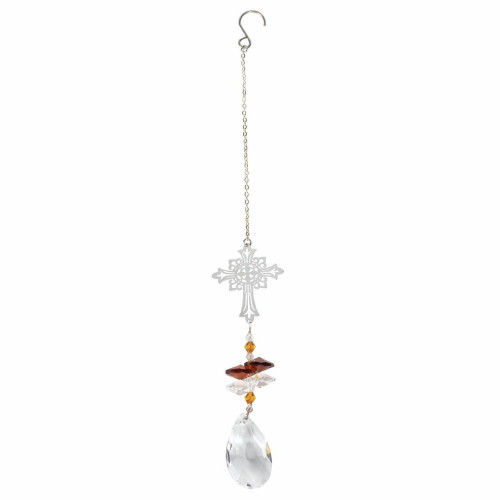 10" Hanging Amber and White Crystal Sun Catcher with Metal Cross