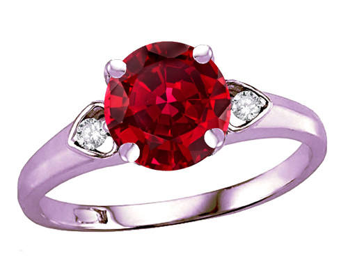Star K Round 7mm Created Ruby Three 3 Stone Heart Engagement Promise Wedding Ring - 318024AP9