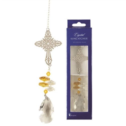 10" Clear and Yellow Cross Bead Crystal Suncatcher with Suction Cup