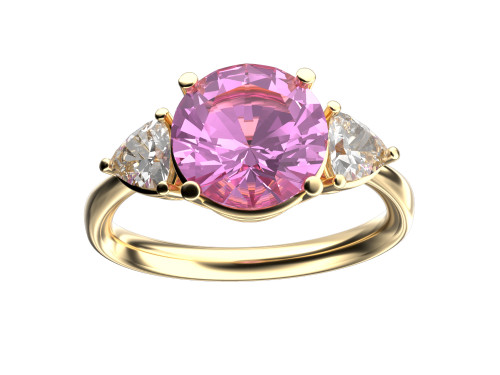 Star K Three 3 Stone 8mm Round Created Pink Sapphire Trillion Engagement Promise Comfort fit Ring - 317708A5