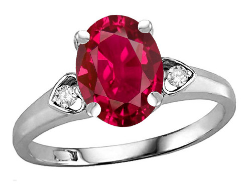 Star K Oval 9x7 Created Ruby Three 3 Stone Heart Engagement Promise Wedding Ring - 318046B75