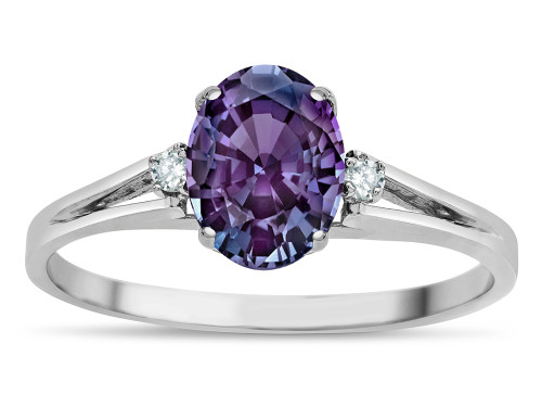 Star K Oval 8x6 Simulated Alexandrite Split Shank Three Stone Engagement Promise Ring