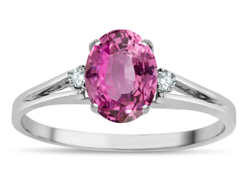Star K Oval 8x6 Created Pink Sapphire Split Shank Three Stone Engagement Promise Ring - 317037B55