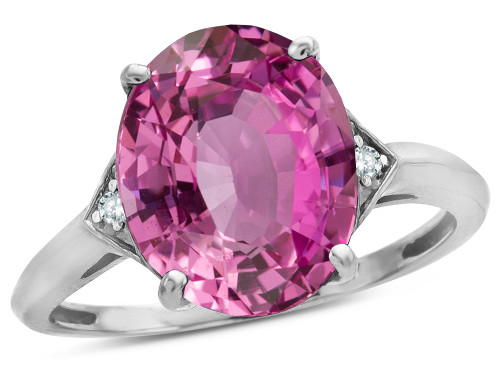 Star K Large Oval 12x10 Created Pink Sapphire 3 Stone Trillion Setting Ring - 316254AF6