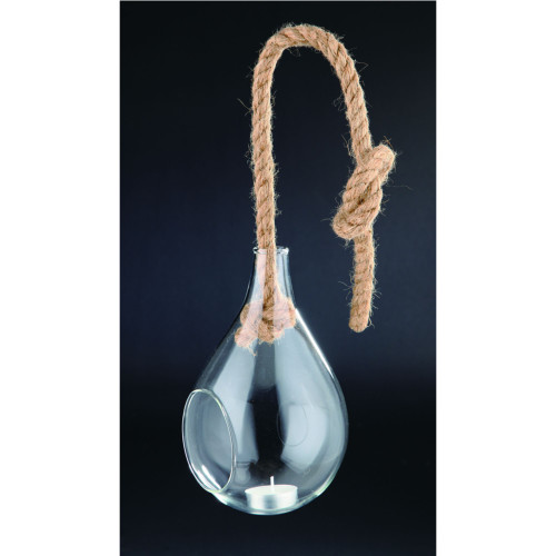 15.5" Clear and Brown Hanging Tealight Holder with Jute Rope