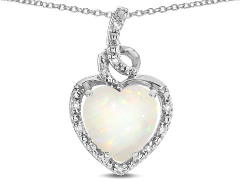 Star K Double Love Heart Halo Pendant Necklace with 8mm Genuine Opal in 10 kt White Gold 316433AF