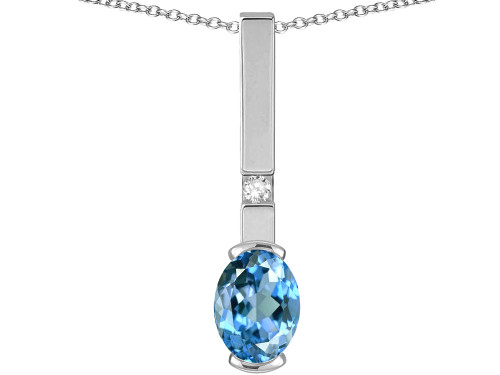 Star K Oval 8x6mm Genuine Blue Topaz Bar Pendant Necklace - 313935A