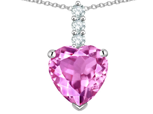 Star K 8mm Heart Shaped Created Pink Sapphire Three Stone Pendant Necklace in 14 kt White Gold 314041B